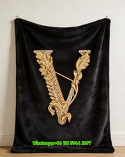 Versace Gold Tone Crystal Embellished V Logo Printed Flannel Throw Blanket IMG_1257